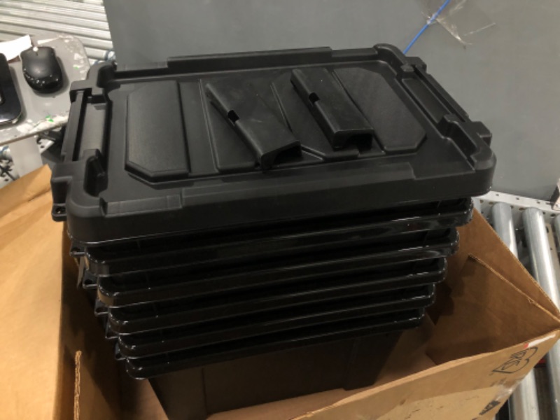 Photo 2 of **Missing Lids, only one lid**
IRIS USA 19 Gallon Heavy-Duty Stackable Storage Totes, Plastic Container Bins with Durable Lids and Secure Latching Buckles for Seasonal Décor, Sporting Equipment, Garage Tool Storage, Black, 6-Pack Black 5 Gal - 6 Pack