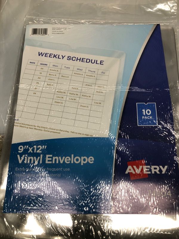 Photo 1 of Avery 74804 Top-Load Clear Vinyl Envelopes w/Thumb Notch, 9” x 12”, Clear (Pack of 10) Vinyl Envelope 9x12 Clear 10 Covers