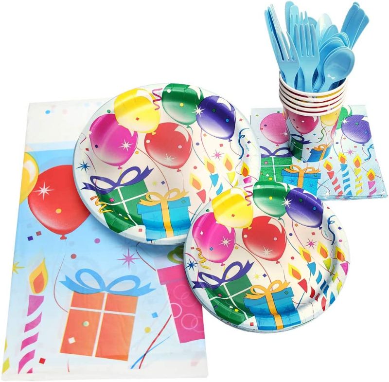 Photo 1 of 
130 Piece Birthday Party Supplies - Serves 16 - Including - 9" Plates, 7" Plates, Napkins, Cups, Forks, Spoons, Knives, And Tablecloths