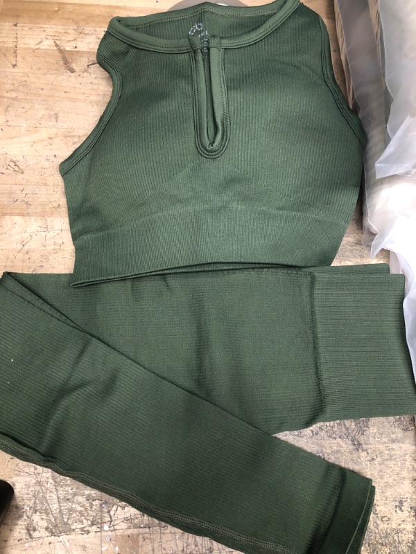 Photo 2 of **OUTFIT IS GREEN**
** size xsmall**
QINSEN Workout Outfits for Women 2 Piece Ribbed Seamless Crop Tank High Waist Yoga Leggings Sets
