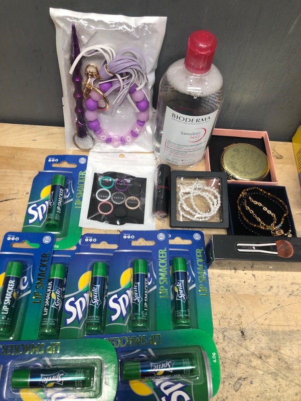 Photo 1 of 16 ASSORTED BEAUTY ACCESSORIES: CHOKER, SMALL RINGS, CHAPSTICK, SENSITIVE SOLUTION, LIPSTICK, BLUSH BRUSH,KEY CHAIN