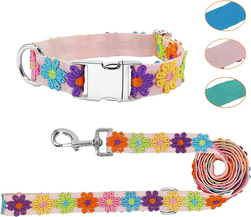 Photo 1 of 
GINIDEAR Dog Collar and Leash Set for Girl Dogs with Cute Embroidery Lace Flowers for Daily Outdoor Walking, Adjustable for Small Medium Large Dogs. Pink, S