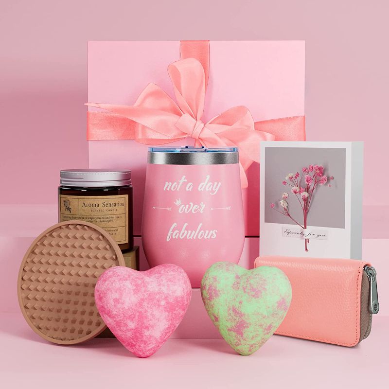 Photo 1 of *INCOMPLETE* Valentines Day Birthday Gifts for Her Women Mom Teenage Girls Girlfriend, Wine Tumbler Cups Relaxing Spa Gift Box Set, Best Friend Retirement Get Well Soon Gifts for Women Who Have Everything - Pink
