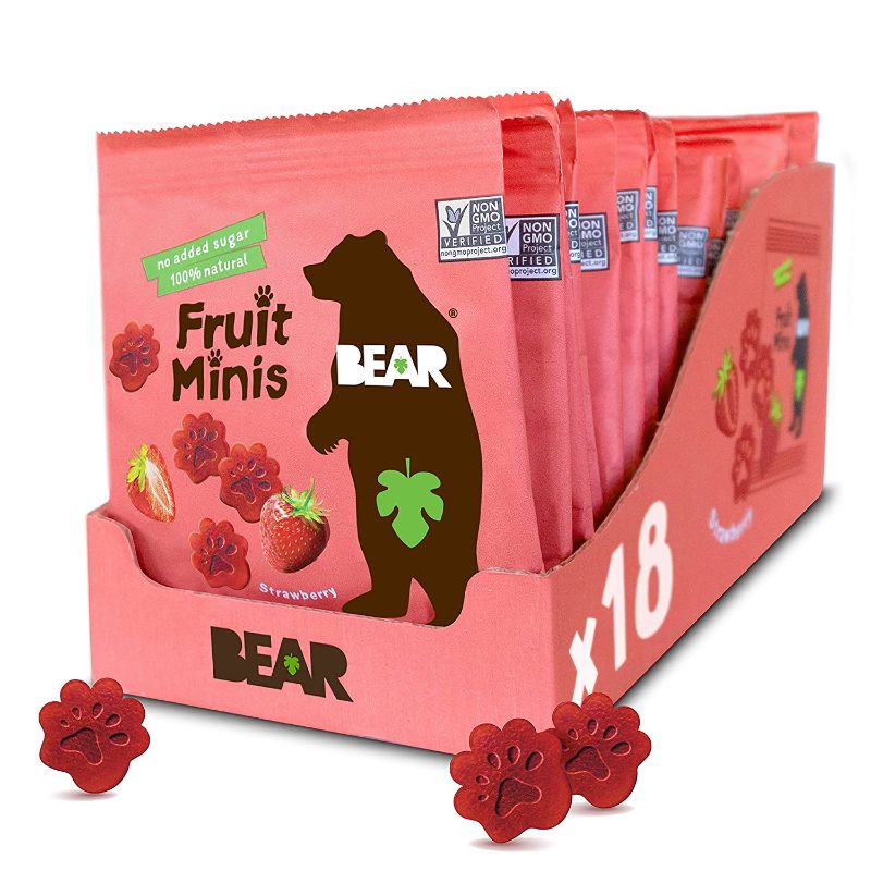 Photo 1 of (EXP: 06 MAR, 2023) BEAR Real Fruit Snack Minis, Strawberry – (Pack of 18) – Bite Sized Snacks for Kids, Gluten Free, Vegan, Non GMO, 0.7 Oz

