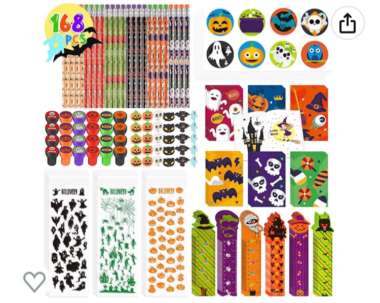 Photo 1 of 168 Pack Halloween Party Favor Gift for Kids, Halloween Stationery Bulk with 24 Goody Treat Bags Halloween Themed Pencils Rulers Erasers Stickers Stamps Notepads