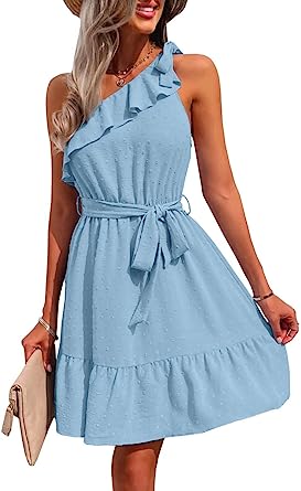 Photo 2 of BIGEOOSH WOMENS RUFFLE TRIM DRESS ONE SHOULDER SWISS DOT BELTED DRESS PARTY DRESS 
