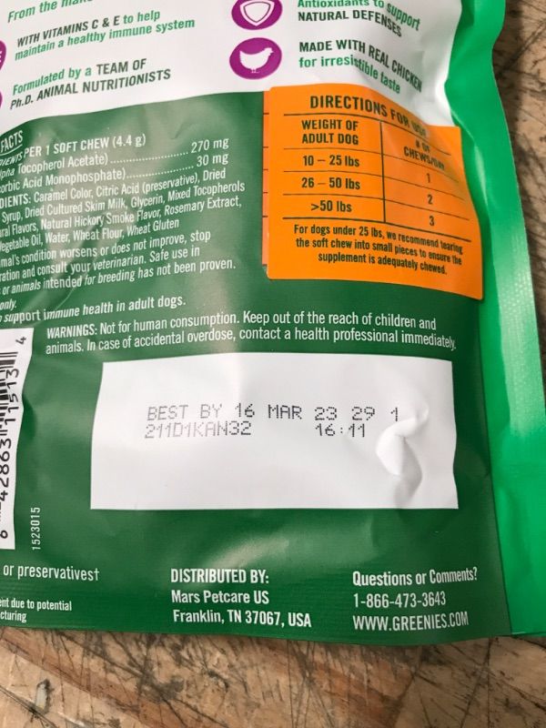Photo 1 of BBD ---03/16/2023-- Greenies Immune Health Dog Supplements with an Antioxidant Blend of Vitamin C and E, 40-Count Chicken-Flavor Soft Chews for Adult Dogs