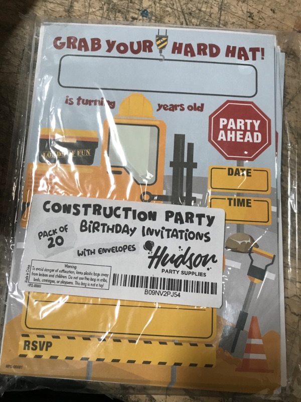 Photo 2 of Construction Birthday Party Invites with Envelopes - (Pack of 20) - Construction Truck Party Invitations for Boys, Girls, Toddlers, Children. Construction Party Supplies. Fill In Style.