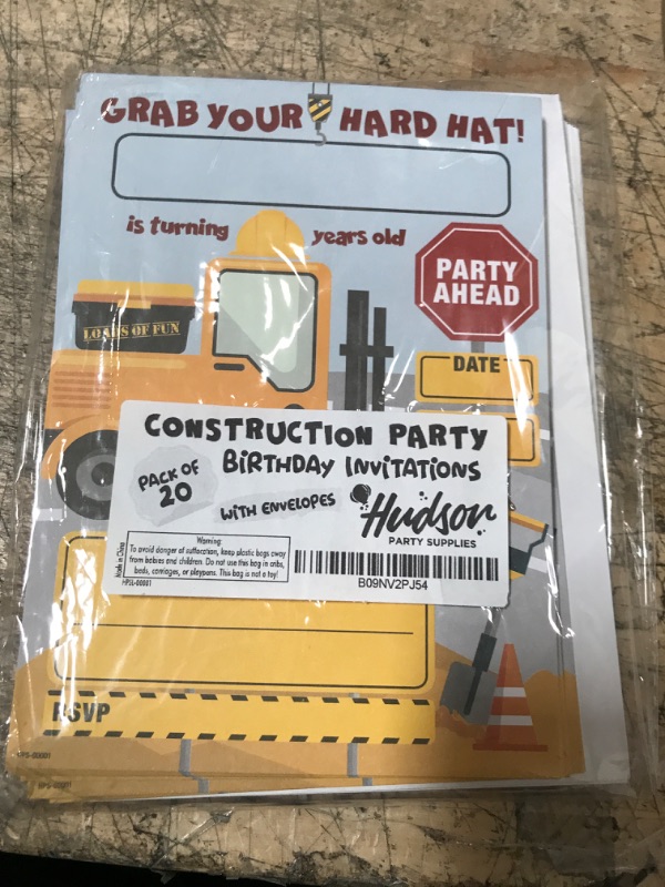 Photo 2 of Construction Birthday Party Invites with Envelopes - (Pack of 20) - Construction Truck Party Invitations for Boys, Girls, Toddlers, Children. Construction Party Supplies. Fill In Style.