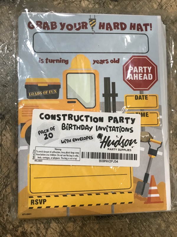 Photo 2 of Construction Birthday Party Invites with Envelopes - (Pack of 20) - Construction Truck Party Invitations for Boys, Girls, Toddlers, Children. Construction Party Supplies. Fill In Style.