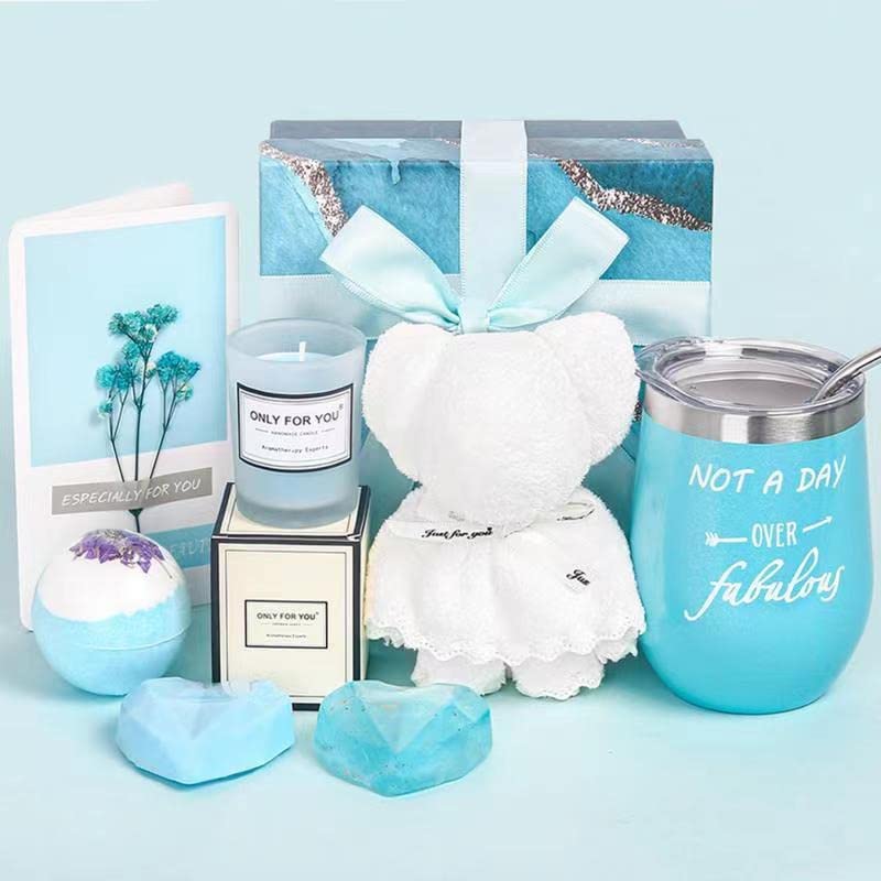 Photo 1 of Birthday Gifts for Women - Unique Gifts for Friend, Mom, Sister - Thank You Gifts for Women Who Have Everything - Blue Gift Box with Wine Tumbler and SPA Set.
