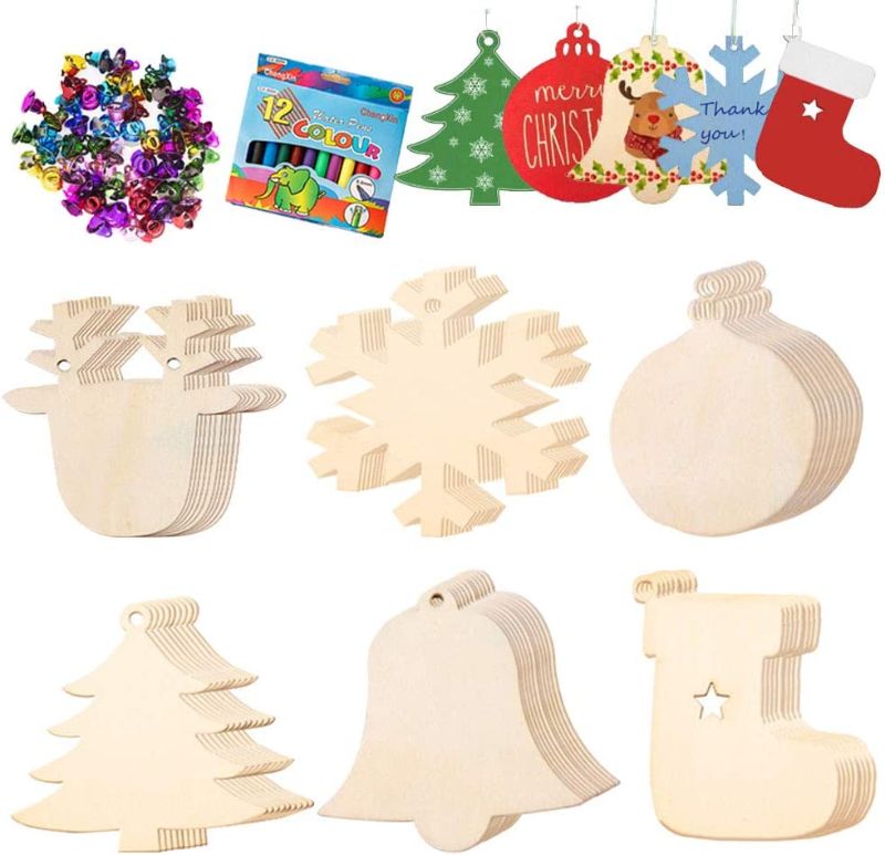Photo 1 of 2 PACK**60Pcs Unfinished Wooden Christmas Ornaments, Christmas Tree Ornaments Decorations, DIY Arts and Crafts Christmas Crafts for Kids with 60 Colorful Bells 12 Color Pens
