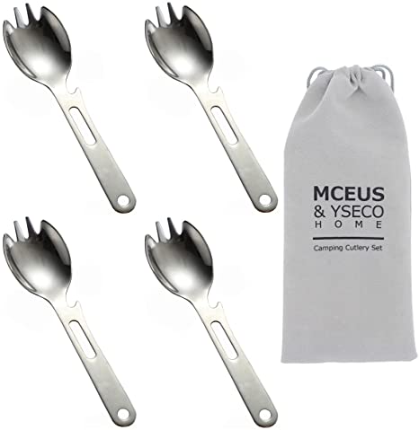 Photo 1 of 4 in 1 Camping Sporks Camping Utensils Kit 304 Stainless Steel Spork Reusable Spoon Fork Bottle Opener with knife, Metal Spork for Picnic Travel/ Barbecue / Backpack Outdoor Gear 4 Pack in Storage Bag
