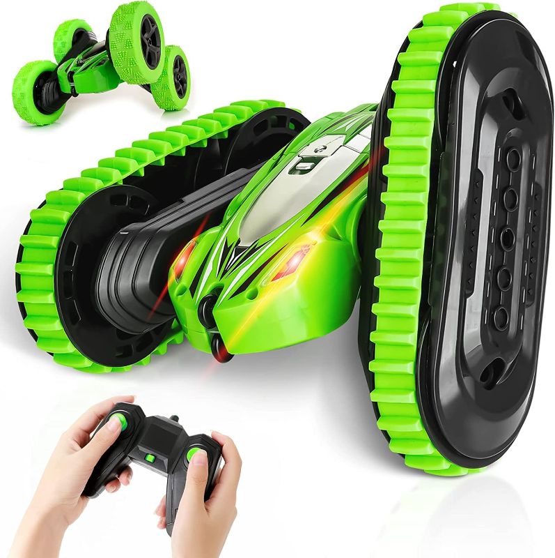 Photo 1 of 2-in-1 Remote Control Car, Rechargeable Remote Control Crawler for Kids Age 3 Years and up, Changeable Wheels, Double-Side 360° Flips, LED Headlights, Fast Stunt Toy Race Cars for Toddlers-Green
