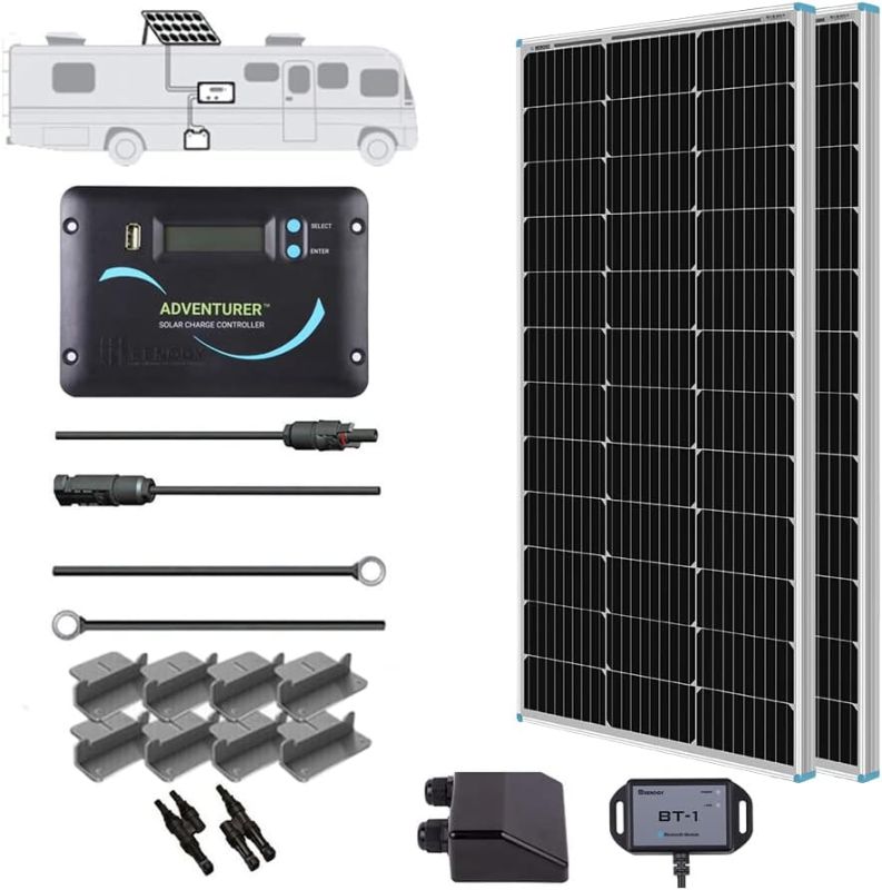 Photo 1 of Renogy 200 Watts 12 Volts Monocrystalline RV Solar Panel Kit with Adventurer 30A LCD PWM Charge Controller and Mounting Brackets for RV, Boats, Trailer, Camper, Marine, Off-Grid Solar Power System