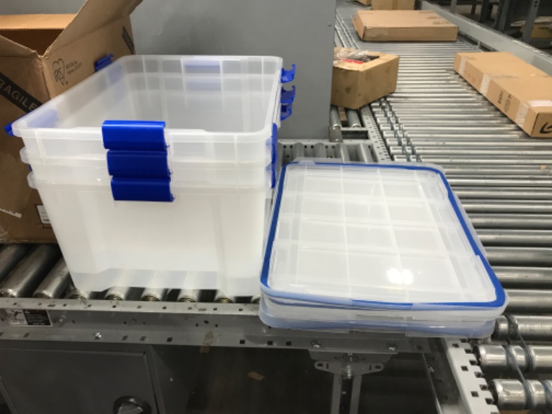 Photo 1 of *DAMAGE LID**SEE NOTES FOR DETAILS*  IRIS USA 60 Quart WEATHERPRO Plastic Storage Box with Durable Lid and Seal and Secure Latching, Clear With Blue Buckles, Weathertight, 3 Pack
