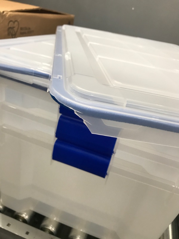 Photo 4 of *DAMAGE LID**SEE NOTES FOR DETAILS*  IRIS USA 60 Quart WEATHERPRO Plastic Storage Box with Durable Lid and Seal and Secure Latching, Clear With Blue Buckles, Weathertight, 3 Pack
