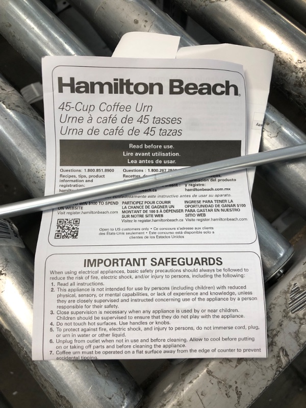 Photo 3 of **DOES HEAT UP, LIGHT DOES NOT COME ON**
Hamilton Beach 45 Cup Coffee Urn and Hot Beverage Dispenser, Silver 45 Cup Silver
