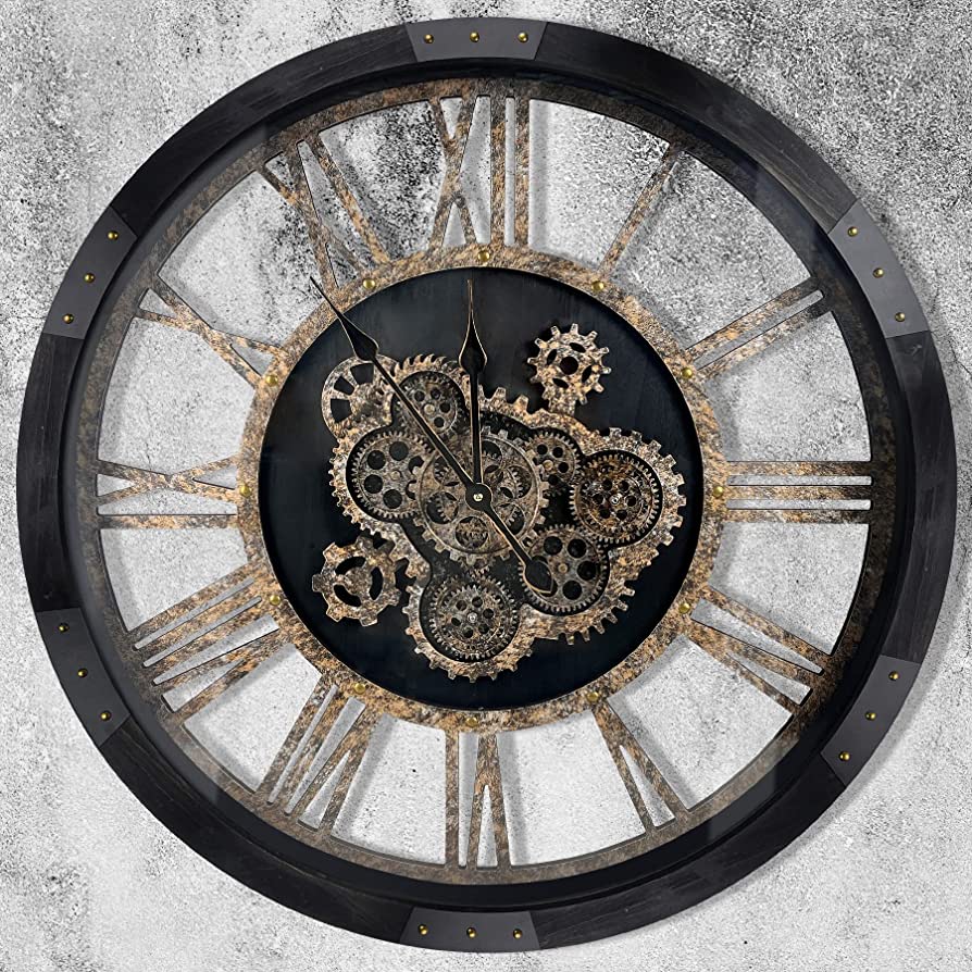 Photo 1 of 27 inch Large Real Moving Gears Wall Clock with Toughened Glass Cover, Oversized Solid Wood Retro Farmhouse Clock, Giant Decorative Rustic Wall Clock for Living Room Home Kitchen Office (Black)