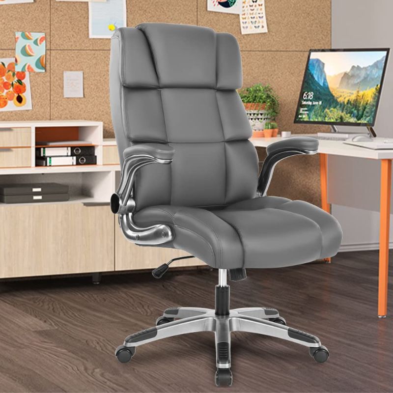 Photo 1 of KCREAM Office Chair with Flip-up Armrests, Executive Chair PU Leather Rolling Swivel Chair Home Office Desk Chairs Memory Foam Lumbar Support, Adjustable Height/Tilt, 300Lb Weight Capacity (Grey