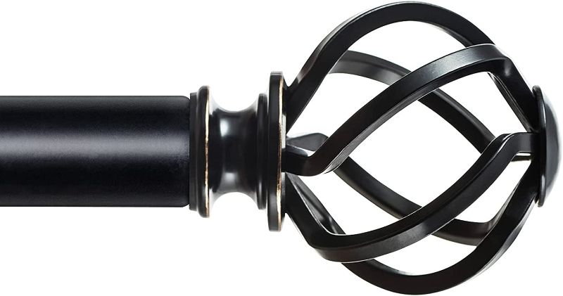 Photo 1 of KAMANINA 1 Inch Curtain Rod Single Drapery Rod 72 to 144 Inches (6-12 Feet), Black Curtain Rods for Windows 69 to 140 Inches, Twisted Cage Finials
