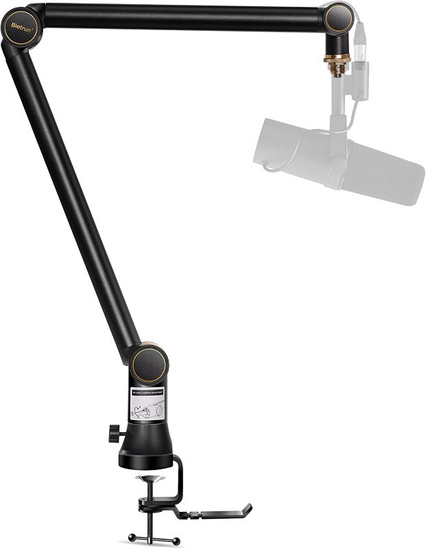 Photo 1 of Mic Arm Desk Mount(Longer) for Shure SM7B/MV7/Blue Yeti/PodMic/AT Mic/FIFINE?More, Bietrun Universal Heavy Duty Metal Podcast Mic Boom Arm Stand with 3/8" to 5/8" Adapter, Cable Trough, Headset Hook
