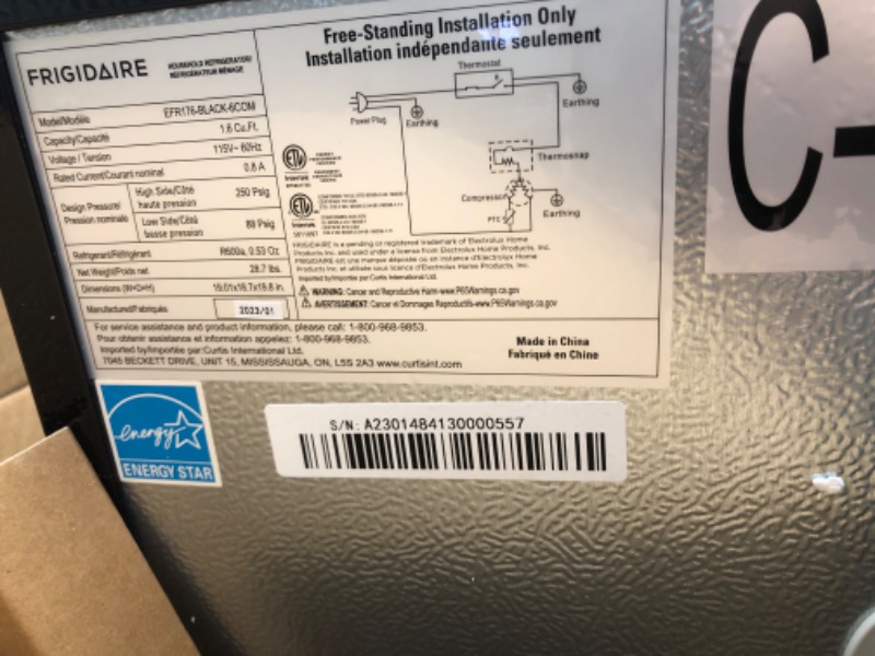 Photo 6 of ** minor damage** FRIGIDAIRE Black EFR176- AMZ EFR176 Retro Mini Refrigerator-Energy Saving-Adjustable Thermostat Control-Side Mounted Bottle Opener-Ideal for Dorm, Office, RV, Garage, Apartment 1.6 Cubic Feet