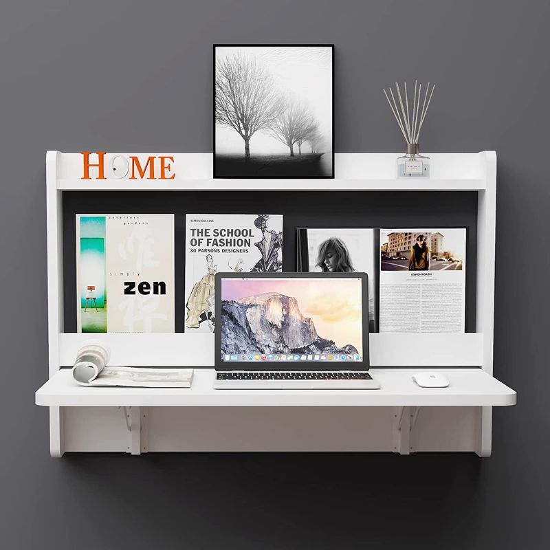 Photo 1 of **Missing Hardware** Pmnianhua Wall Mounted Floating Computer Wall Desk with Storage Shelves Multifunctional Drop Down Space Saving Table Folding Workbench Laptop Desk Writing Table (Grey-White)
