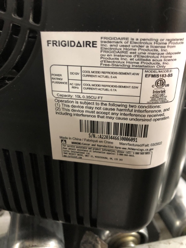 Photo 3 of ***POWERS ON***Frigidaire Mini Portable Compact Personal Fridge Cooler, 4 Liter Capacity Chills Six 12 oz Cans, 100% Freon-Free & Eco Friendly, Includes Plugs for Home Outlet & 12V Car Charger – Black