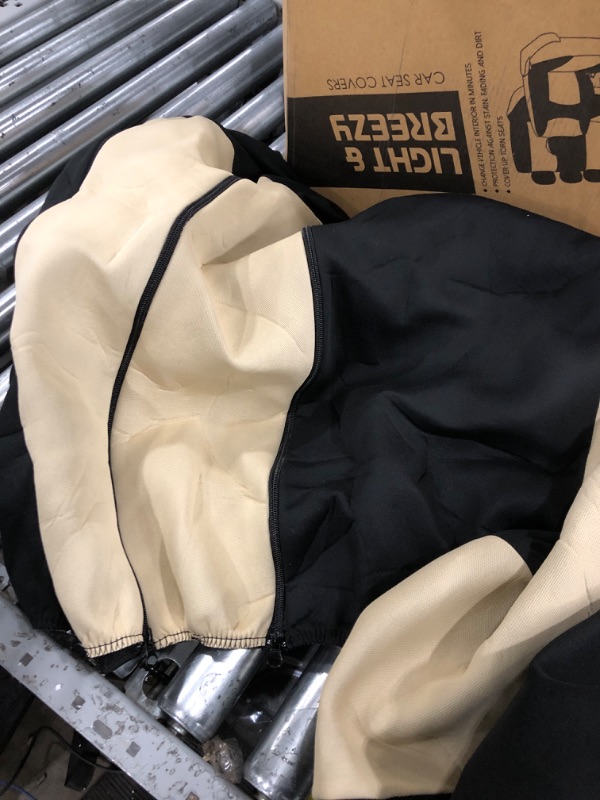 Photo 2 of ***MISSING STEERING WHEEL COVER***Automotive Seat Covers Beige Black Universal Fit Seat Cover Combo Set with Steering Wheel Cover and Seat Belt Pad (Airbag Compatible and Split Bench) FH Group FB030BEIGEBLACK115-COMBO Beige/Black