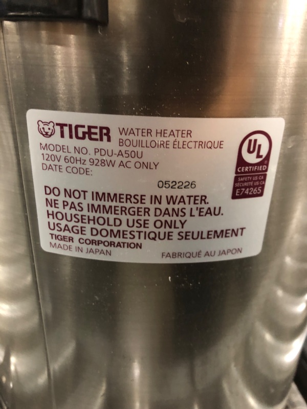 Photo 4 of ***POWERS ON***Tiger PDU-A50U-K Electric Water Boiler and Warmer, Stainless Black, 5.0-Liter 5.0-Liter Water Boiler