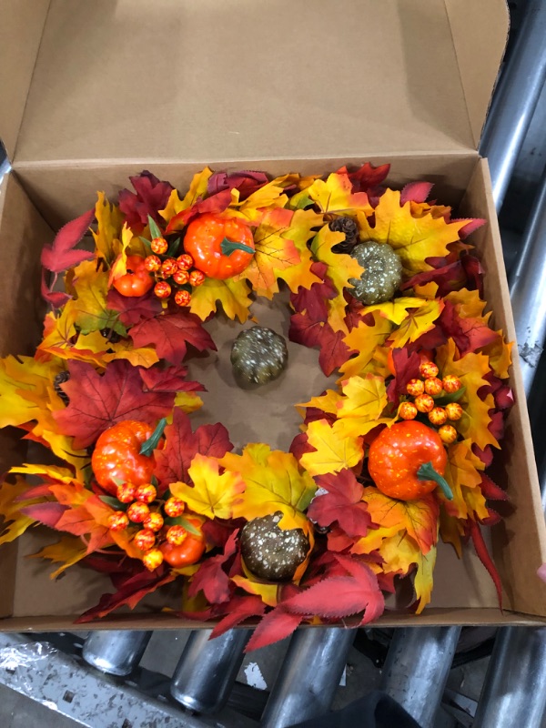 Photo 2 of Adeeing Fall Wreath for Front Door, 20Inches Fall Wreath with Pumpkins, Berries, Pine Cones, Three Kinds of Maple Leaves for Indoor Outdoor Wall Windo
