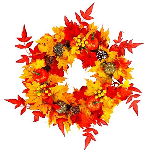 Photo 1 of Adeeing Fall Wreath for Front Door, 20Inches Fall Wreath with Pumpkins, Berries, Pine Cones, Three Kinds of Maple Leaves for Indoor Outdoor Wall Windo
