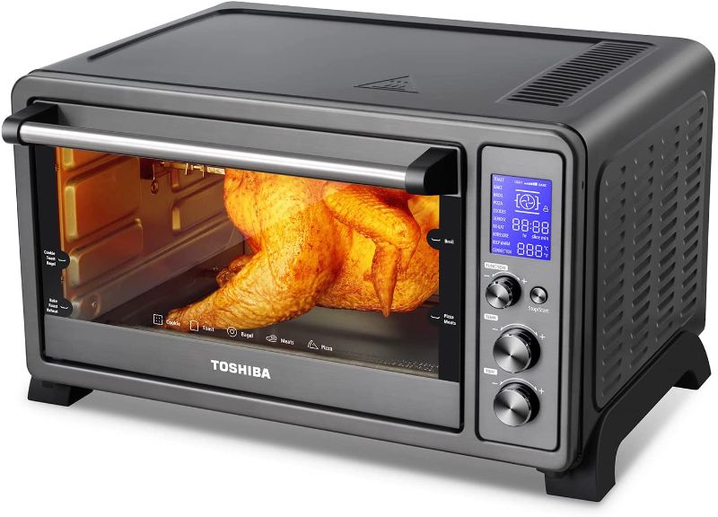 Photo 1 of TOSHIBA AC25CEW-BS Large 6-Slice Convection Toaster Oven Countertop, 10-In-One with Toast, Pizza and Rotisserie, 1500W, Black Stainless Steel
