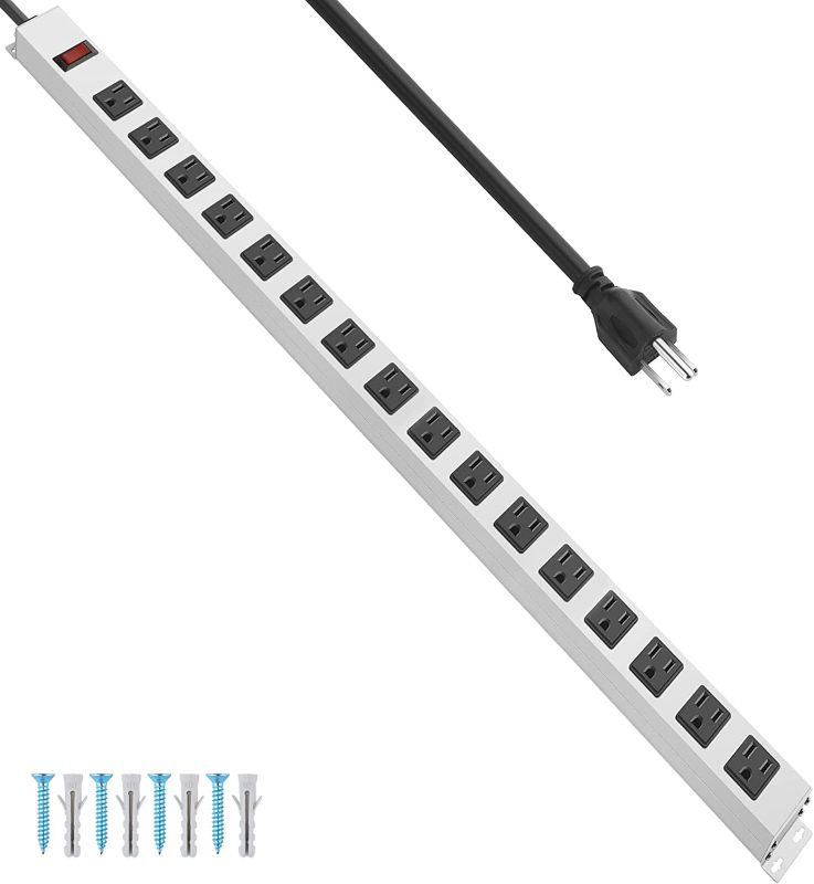 Photo 1 of JUNNUJ Metal 16 Outlet Power Strip, White Mountable Heavy Duty Power Strip, 800J Surge Protector Wall Mount Power Outlet with Switch, 15A 125V 1875W, 6 FT 14AWG Power Cord
