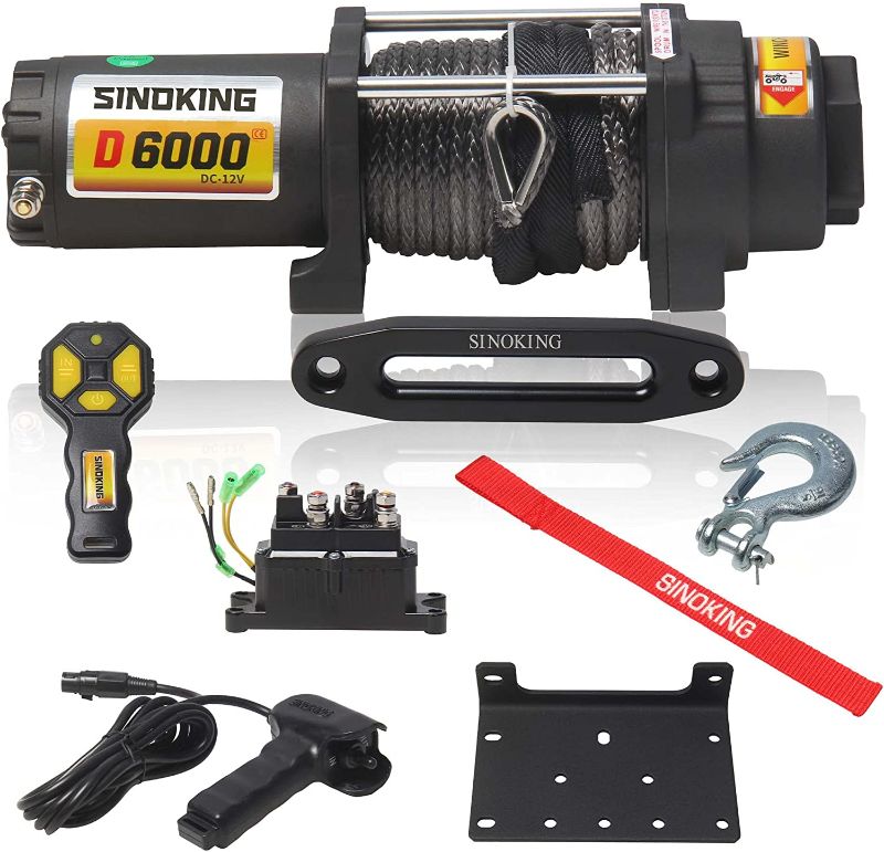 Photo 1 of ***loose hardware*** 
SINOKING 6000lb 12V Winch, UTV&ATV Winch with 1/4"× 49ft Synthetic Rope, Wired and Wireless Remote Control with Mounting Plate