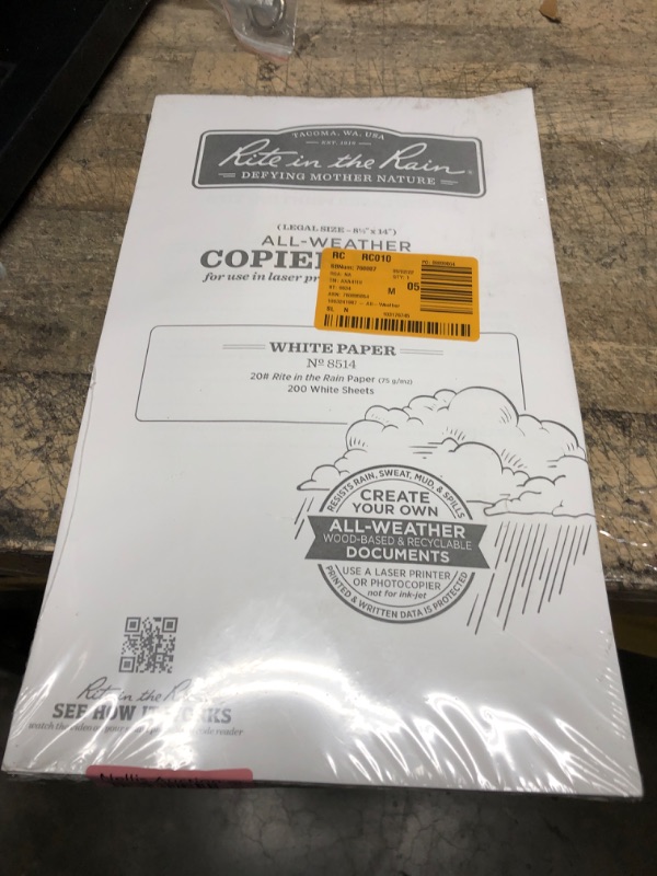 Photo 2 of Rite In The Rain Weatherproof Copier Paper, 8.5" x 14", 20# White, 200 Sheet Pack (No. 8514)