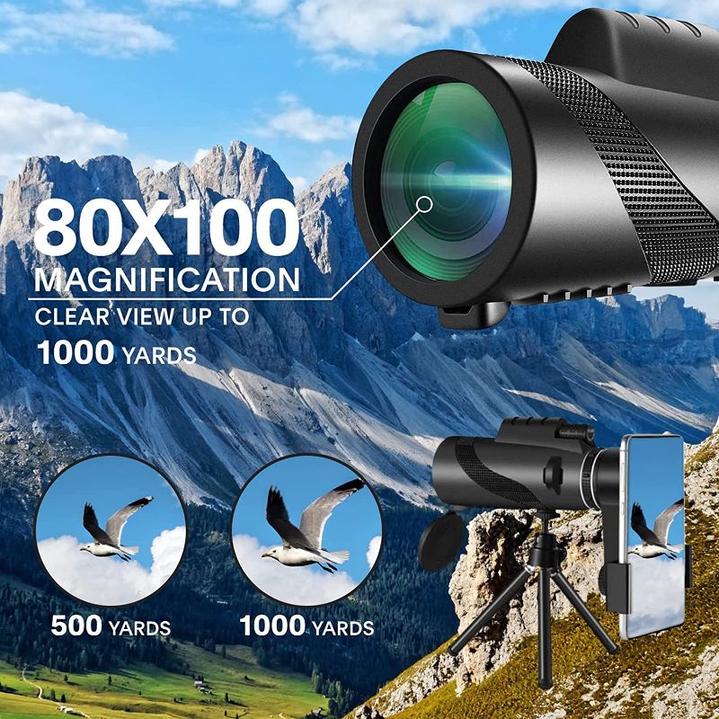 Photo 1 of 80x100 Monocular-Telescope High Powered Monocular for Adults Monocular for Smartphone Adapter Monocular Telescope Hunting Wildlife Bird Watching Travel Camping Hiking
