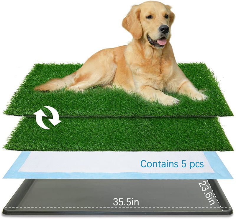 Photo 1 of (DOES NOT INCLUDE PEE PADS) VKMUOI 23.6 x 35.4 in Dog Grass Pad with Tray Pet Training Pads with Tray Reusable Fake Grass for Dog to Pee on Dog Litter Box-Indoor/Outdoor Dog Potty Tray with Pee Pads L:35.4 x 23.6 IN