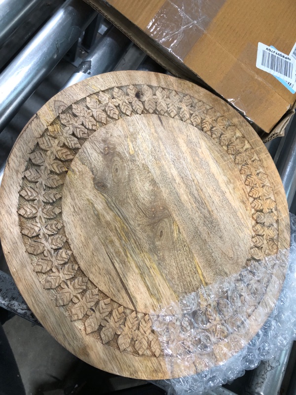 Photo 1 of 15 in. Wooden Lazy Susan Cake Stand, Round With Carvings, Brown