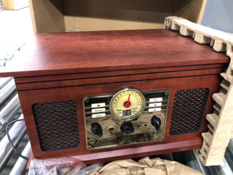 Photo 2 of **TESTED/ TURNS ON** Victrola Nostalgic 6-in-1 Bluetooth Record Player & Multimedia Center with Built-in Speakers - 3-Speed Turntable, CD & Cassette Player, FM Radio | Wireless Music Streaming | Mahogany Mahogany Entertainment Center