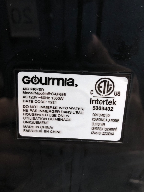 Photo 3 of **TESTED/ TURNS ON*** Gourmia Air Fryer Oven Digital Display 6 Quart Large AirFryer Cooker 12 1-Touch Cooking Presets, XL Air Fryer Basket 1500w Power Multifunction Black and Stainless Steel Accents FRY FORCE GAF686 6 Qt.
