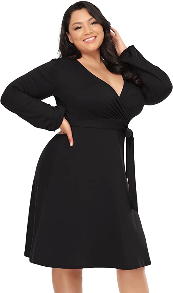 Photo 1 of AMZ PLUS Women's Plus Size Wrap A Line Party Midi Dress V-Neck Stretchy Casual Belted Bodycon Midi Dress XXL