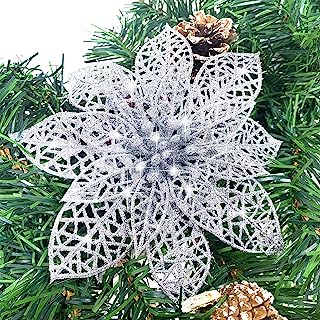 Photo 1 of 2 of- TURNMEON 24 Pack 6 Inch Christmas Glitter Poinsettia Artificial Silk Flowers Picks Christmas Tree Ornaments for Gold Christmas Tree Wreaths Garland Holiday Decoration