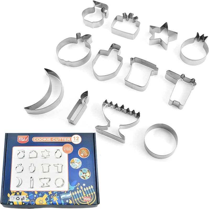 Photo 1 of 12 Pcs Hanukkah Cookie Cutters Set, Stainless Steel Chanukah Cookie Cutters Hanukkah Shaped Cookie Cutters, Dreidel and Menorah,Star Cookie Cutters with a Box
