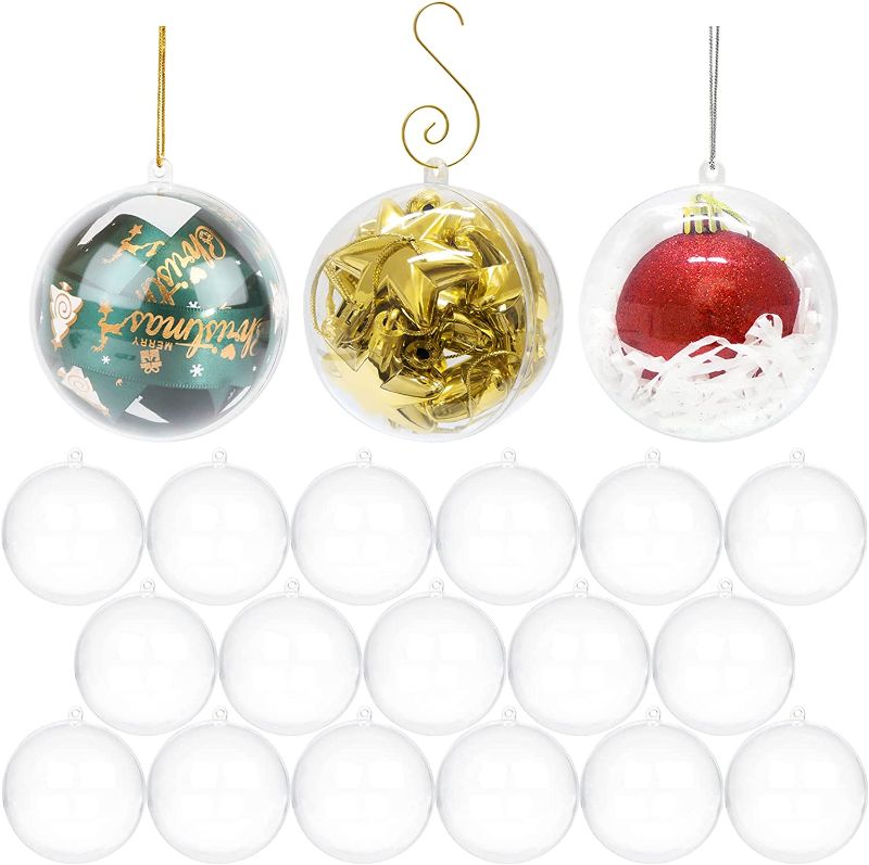 Photo 1 of 20 Pcs 3.2" Round Clear Fillable Christmas Ornaments Ball Decoration Baubles for Christmas Tree Craft Gifts Wedding Party Decor, Includes Hooks, Gold and Silver String for Easy Hanging
