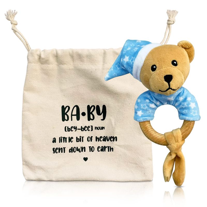 Photo 1 of Baby Wooden Rattle Teething Ring, Baby Rattles 0-6 Months, Baby Montessori Newborn Toys, Stuffed Animal Gift for Baby Boy, Baby Teddy Bear (Blue)
