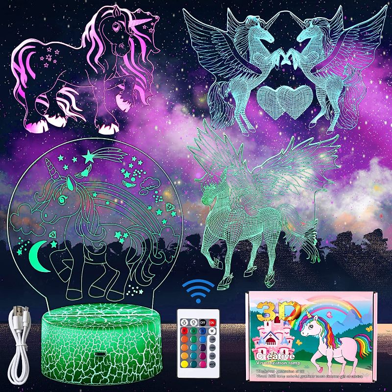 Photo 2 of *** UNABLE TO TEST *** 4 PCS Unicorn Night Light, 16 Colors Changes with Remote Control, 3D Illusion Lamp Unicorn Lights for Kids Room, Nice Dream Unicorn Night Light for Kids, Best Gifts for Boys and Girls.
