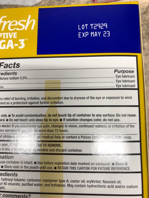Photo 2 of  *** EXP MAY 2023 *** Refresh Optive Mega-3 Lubricant Eye Drops, Preservative-Free, 0.01 Fl Oz Single-Use Containers, 60 Count 60 Count (Pack of 1)