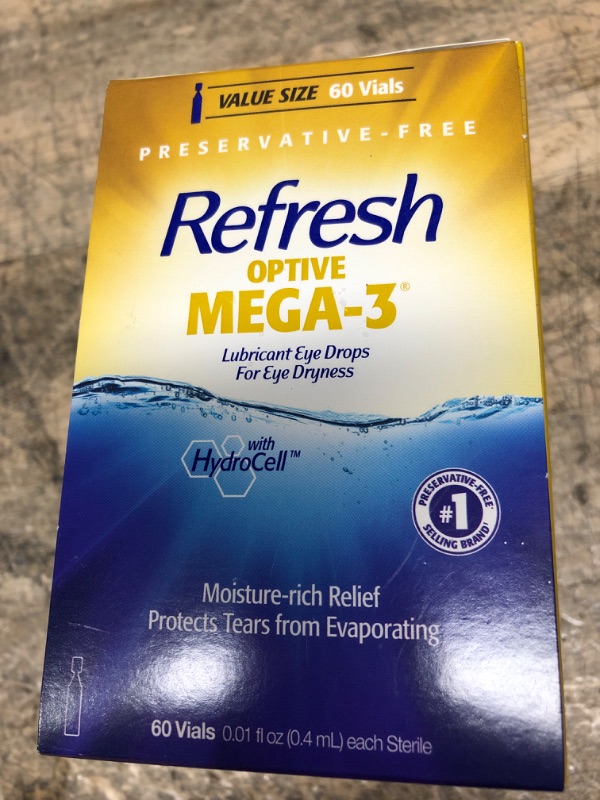 Photo 3 of *** EXP MAY 2023 *** Refresh Optive Mega-3 Lubricant Eye Drops, Preservative-Free, 0.01 Fl Oz Single-Use Containers, 60 Count
